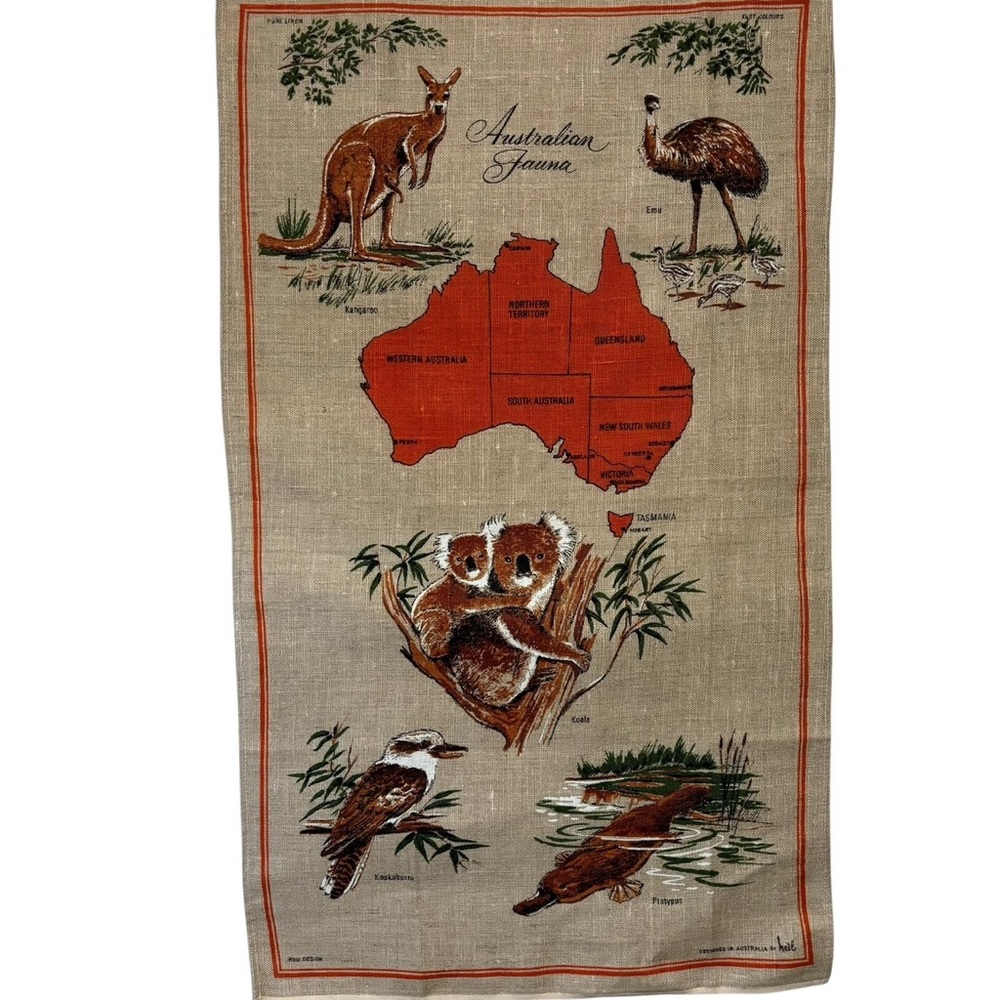 VTG Heil Pure Linen Souvenir Australian tea towel 1980’s Emo Koala Kangaroo NWOT